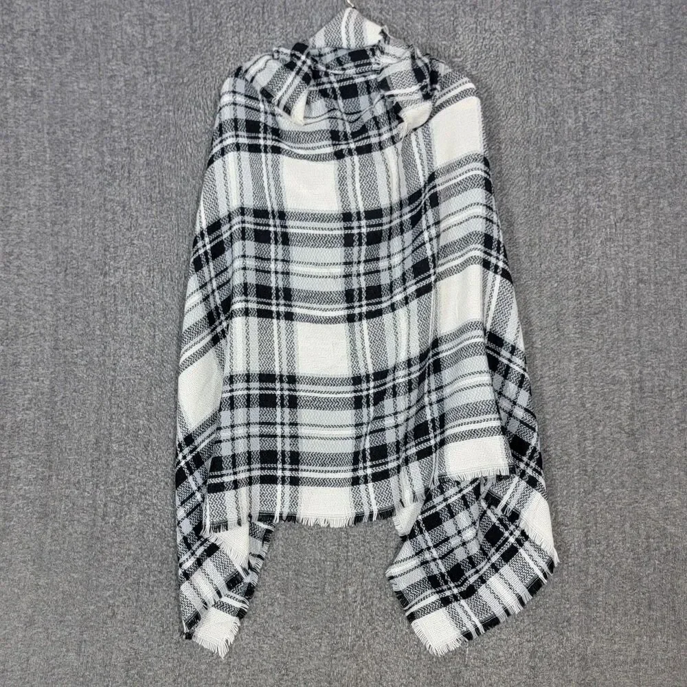 ModCloth Wrap Scarf Womens Black White Tartan Plaid Soft Fringed Shawl 56x28